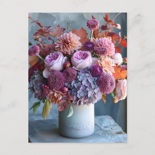 Rustic Autumn Bouquet with Dahlias and Hydrangeas Postkarte (Vorderseite)
