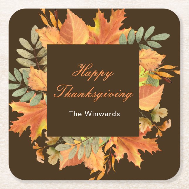 Rustic Autumn Fall Leaves Square Thanksgiving  Rechteckiger Pappuntersetzer (Vorderseite)