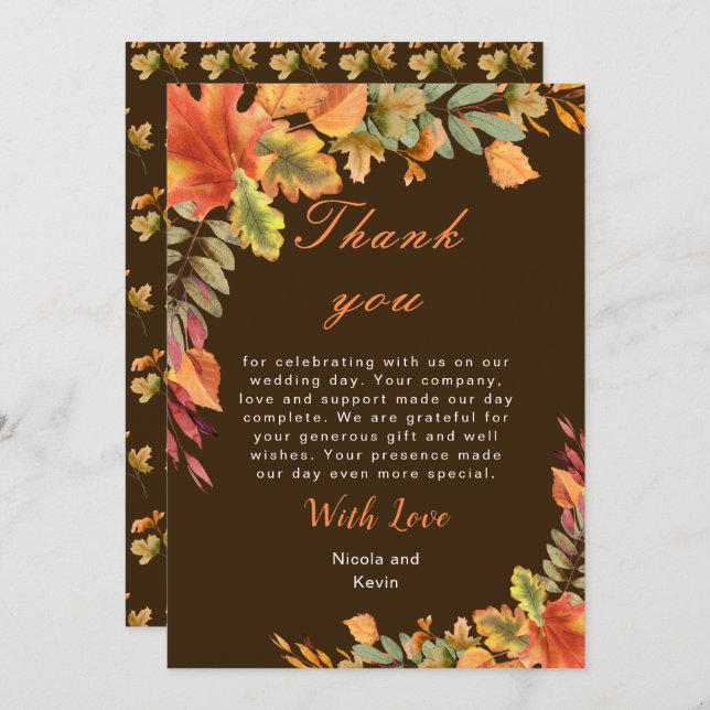 Rustic Autumn Fall Leaves Wedding Dankeskarte (Vorne/Hinten)