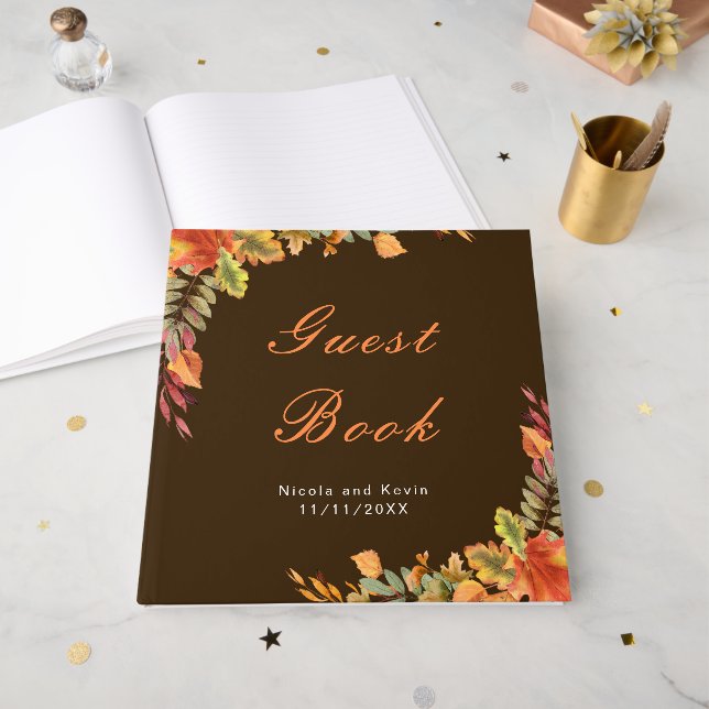 Rustic Autumn Fall Leaves Wedding Gästebuch (Vorderseite offen)