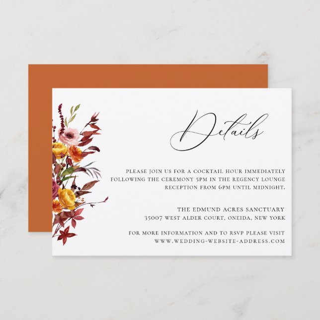 Rustic Autumn Foliage Floral Mariage Détails Carte (Devant / Derrière)