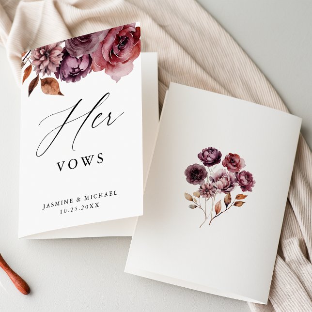 Rustic Autumn Marsala Floral Her Wedding Vows Card Karte (Front and back views of the Rustic Autumn Marsala Floral "her" vow book.)
