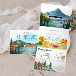 Rustic Autumn Mountain Lake | Illustrated Wedding Dreifach Gefaltete Einladung