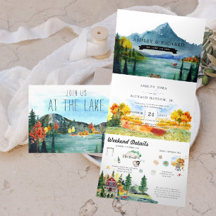 Rustic Autumn Mountain Lake   Illustrated Wedding Dreifach Gefaltete Einladung