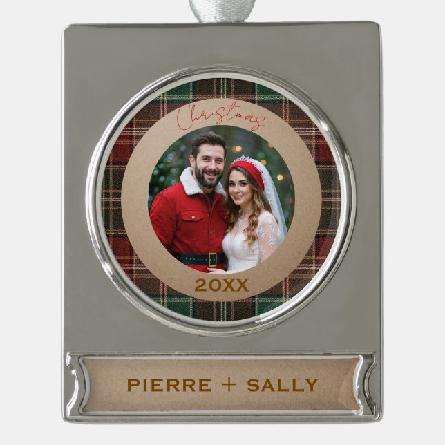Rustic Autumn Plaid Banner-Ornament Silber (Vorderseite)