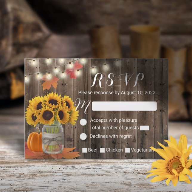 Rustic Autumn Sunflower Jar Pumpkin Wedding RSVP Karte (Von Creator hochgeladen)