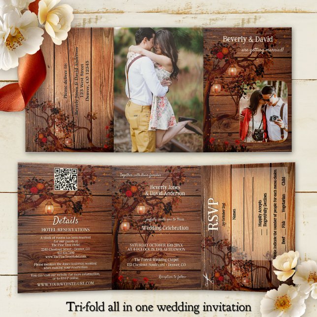Rustic Autumn Tree Photo Wedding  Dreifach Gefaltete Einladung (Tri-fold all in one photo wedding invitation showing a rustic wood design with fall tree and lantern)