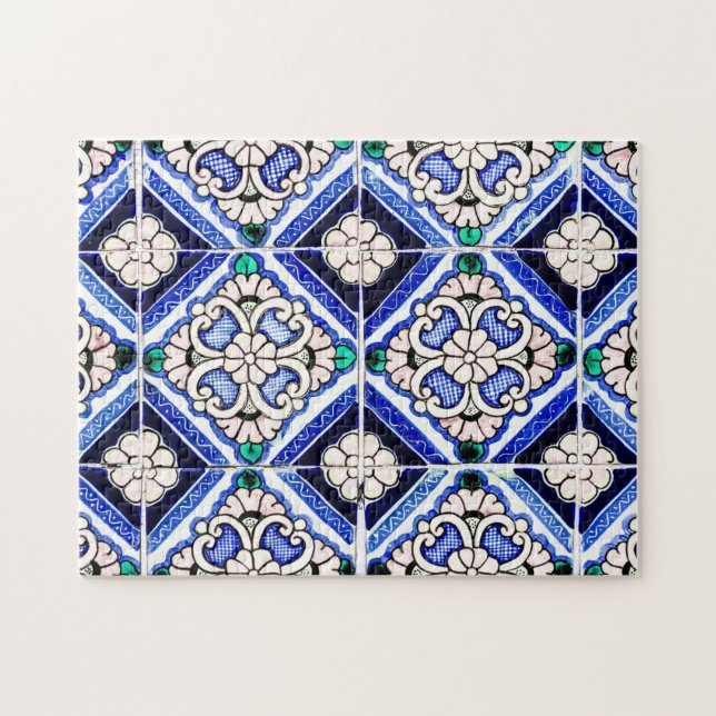 Rustic Azulejo Spanisches Muster Tiles Navy White (Horizontal)