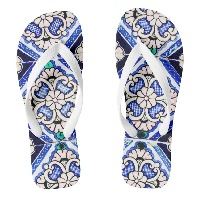 Rustic Azulejo Spanisches Muster Tiles Navy White Flip Flops (Fußbett)