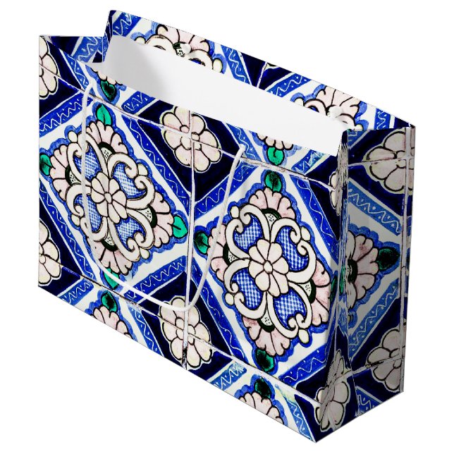 Rustic Azulejo Spanisches Muster Tiles Navy White Große Geschenktüte (Vorderseite Schrägansicht)