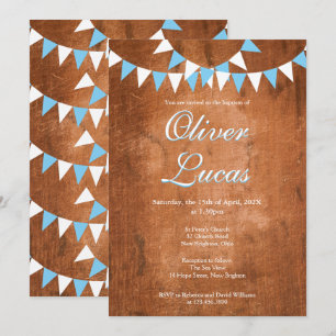 Rustic Baby Boy Blue Bunting Taufe Christening Einladung
