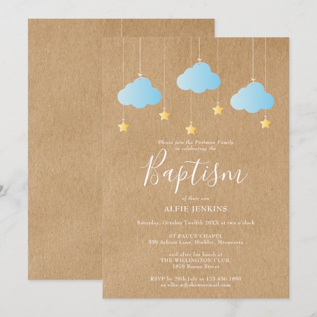 Rustic Baby Boy Taufe Christening Twinkle Stars Einladung (Vorne/Hinten)