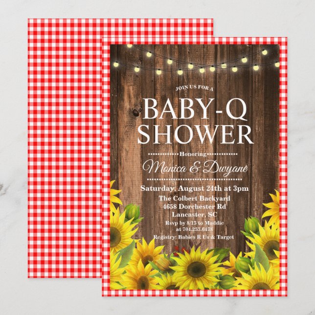 Rustic Baby Q Dusche GRILLEN Sonnenblume Einladung (Vorne/Hinten)