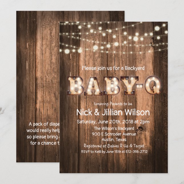 Rustic Baby Q GRILLEN Babydusche Einladung (Vorne/Hinten)