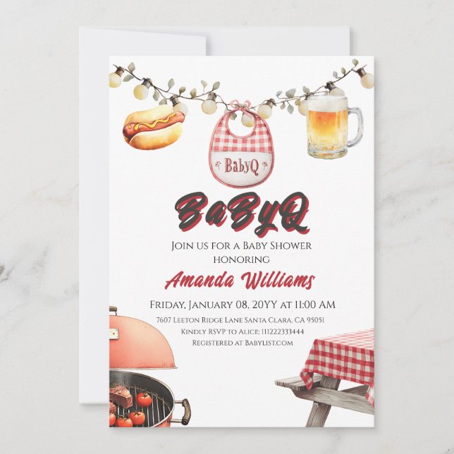 Rustic BabyQ Red Clothesline GRILLEN Baby Shower Einladung (Vorderseite)