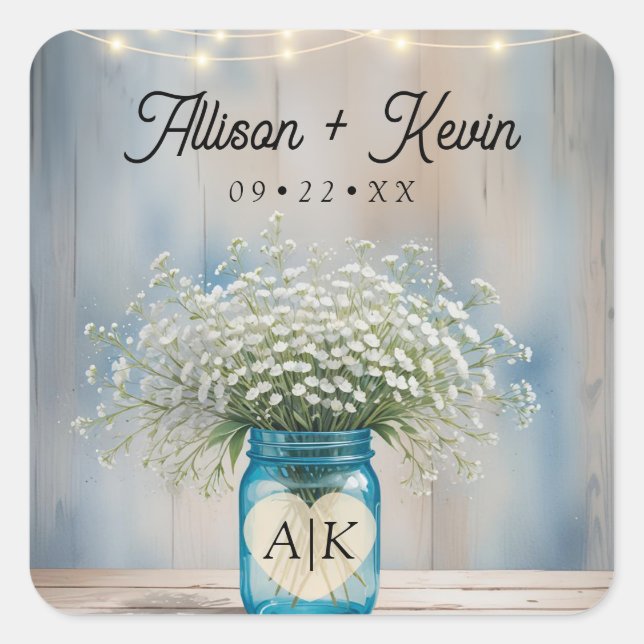 Rustic Baby's Breath Country Wedding Monogram Quadratischer Aufkleber (Vorderseite)