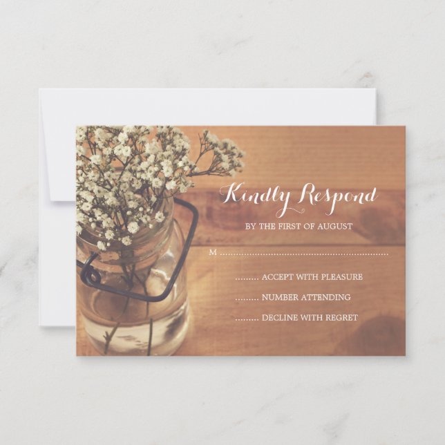 Rustic Baby's Breath Mason Jar Wood Wedding RSVP (Devant)