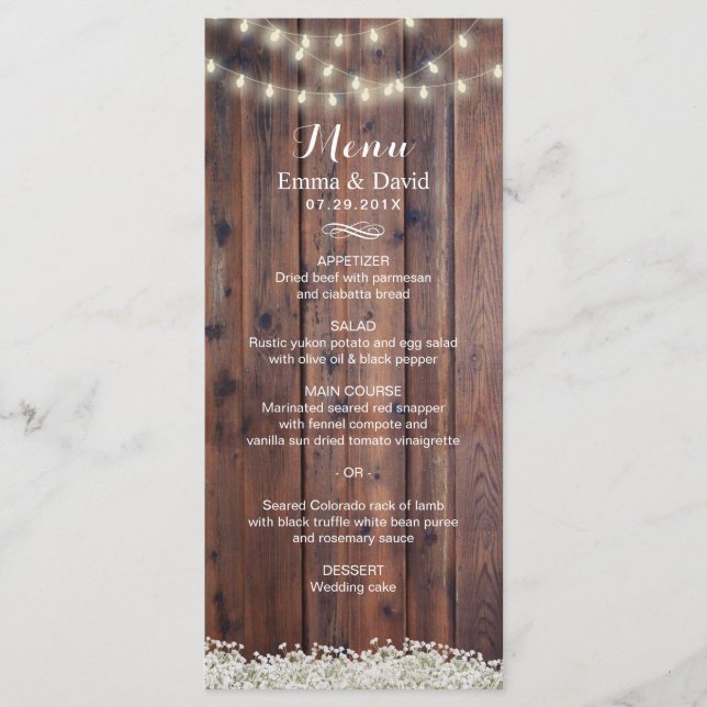 Rustic Baby's Breath & String Lights Menu Mariage (Devant)