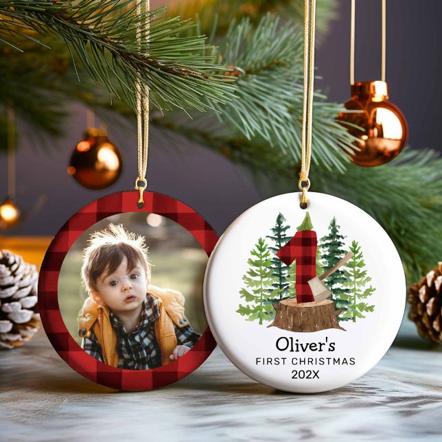 Rustic Baby's First Christmas Foto Keramik Ornament (1st Christmas Boy Buffalo Plaid Woodland Ornament)