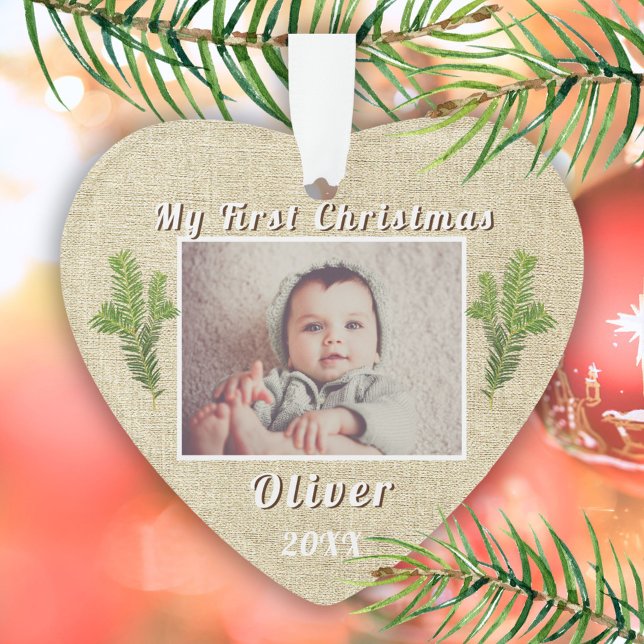 Rustic Baby's First Christmas Foto Ornament (Von Creator hochgeladen)