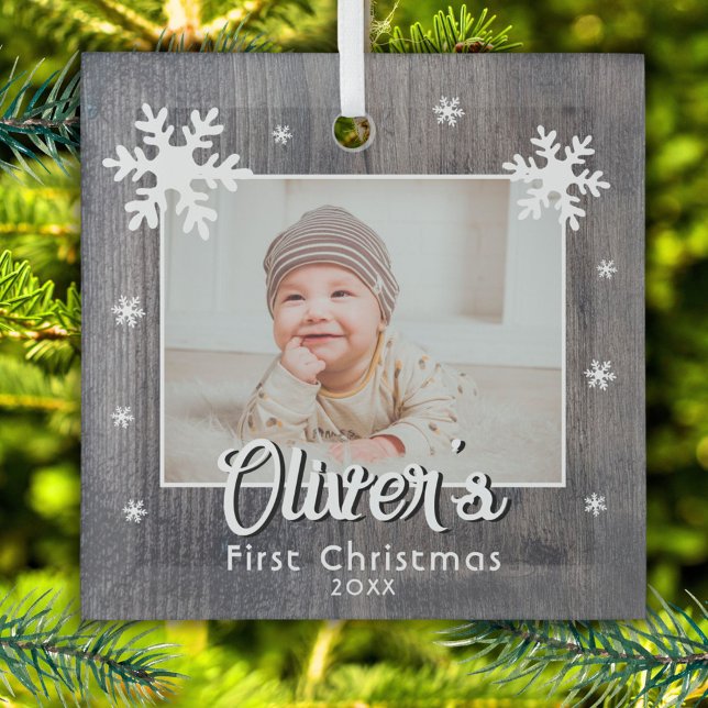 Rustic Baby's First Christmas Wood Snowflake Foto Ornament Aus Glas (Von Creator hochgeladen)