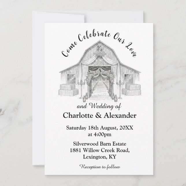 Rustic Barn Black and White Wedding Invitation Einladung (Vorderseite)