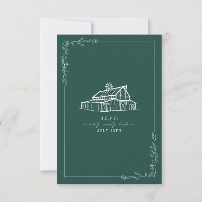 Rustic Barn Emerald Green Wedding RSVP Card Karte (Vorderseite)