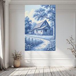 Rustic Barn French Blue Toile Vintage White Blue