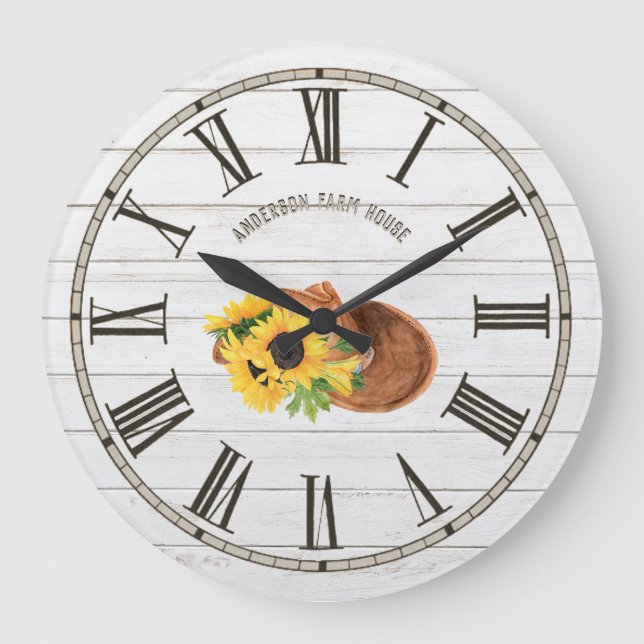 Rustic Barn White Wood Sunflowers Cowboy Hat Große Wanduhr (Vorderseite)