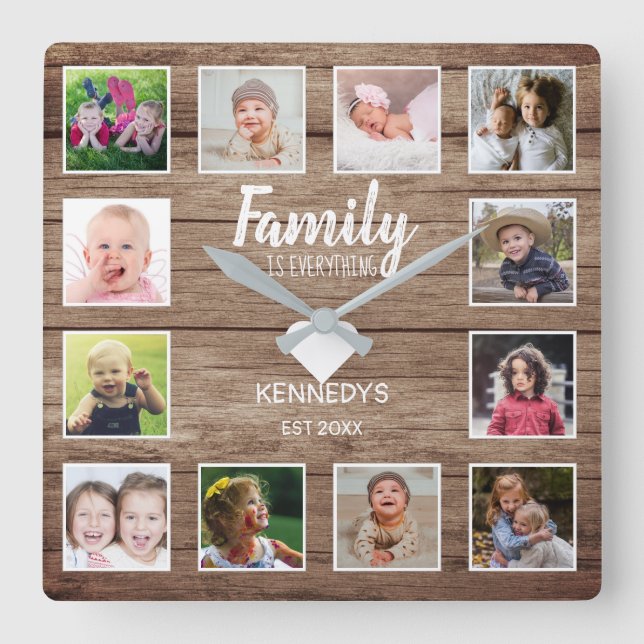 Rustic Barn Wood 12 Photo Collage Family Quote Quadratische Wanduhr (Vorderseite)