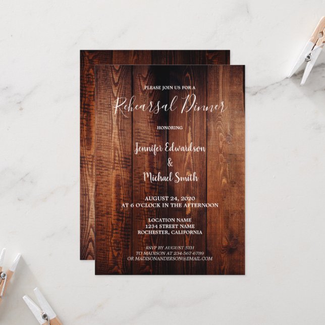 Rustic barn wood country wedding rehearsal dinner einladung (Vorderseite/Rückseite Beispiel)