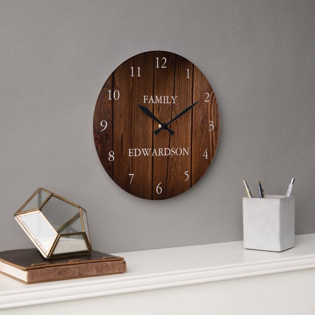 Rustic barn wood family name farmhouse große wanduhr (Büro)