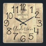 Rustic Barn Wood Farmhouse Custom Family Name Quadratische Wanduhr<br><div class="desc">In Rustic, einzigartig, one-of-a-kind personalized design feys falwood background with and the words, ist "MICHAEL & KAREN Anderson ist. 20XX" in black typography. Personalize this clock by adding your own personal information. Makes a great wedding, anniversary, or housewarming gift. Click "personalize this template" to change the names and fonts to...</div>