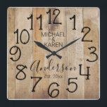 Rustic Barn Wood Farmhouse Custom Family Name Quadratische Wanduhr<br><div class="desc">In Rustic, einzigartig, one-of-a-kind personalized design feys falwood background with and the words, ist "MICHAEL & KAREN Anderson ist. 20XX" in black typography. Personalize this clock by adding your own personal information. Makes a great wedding, anniversary, or housewarming gift. Click "personalize this template" to change the names and fonts to...</div>