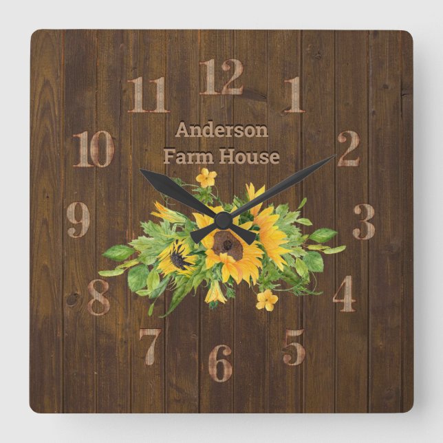 Rustic Barn Wood Farmhouse Kitchen Sunflowers Quadratische Wanduhr (Vorderseite)