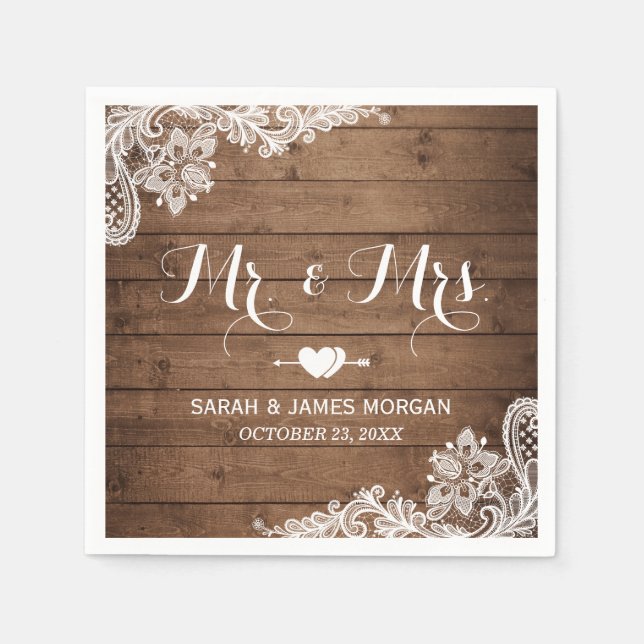 Rustic Barn Wood Lace Mr. und Mrs. Wedding Serviette (Vorderseite)