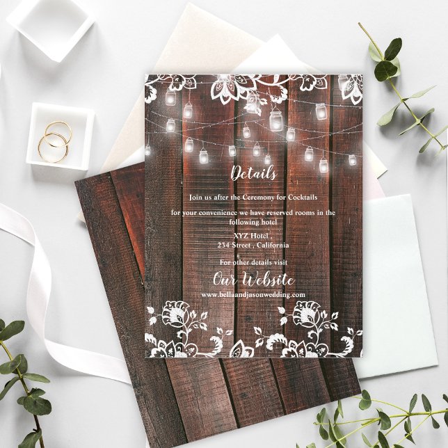 Rustic Barn Wood Lace String Lights Wedding Detail Begleitkarte (Rustic Wood String Lights Wedding Details Card | Barn Lace Wood Information Enclosure)