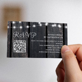 Rustic barn wood string lights wedding QR RSVP Begleitkarte