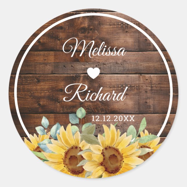 Rustic Barn Wood Sunflower Country Wedding Favor Runder Aufkleber (Vorderseite)