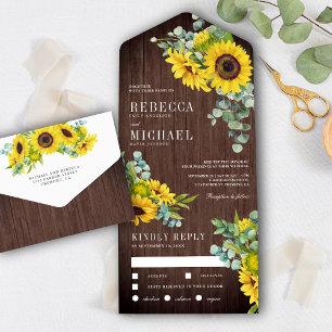 Rustic Barn Wood Sunflowers and Eucalyptus Wedding All In One Einladung