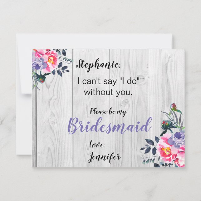Rustic Barnwood PInk Floral Bridesmaid Vorschlag Einladung (Rückseite)