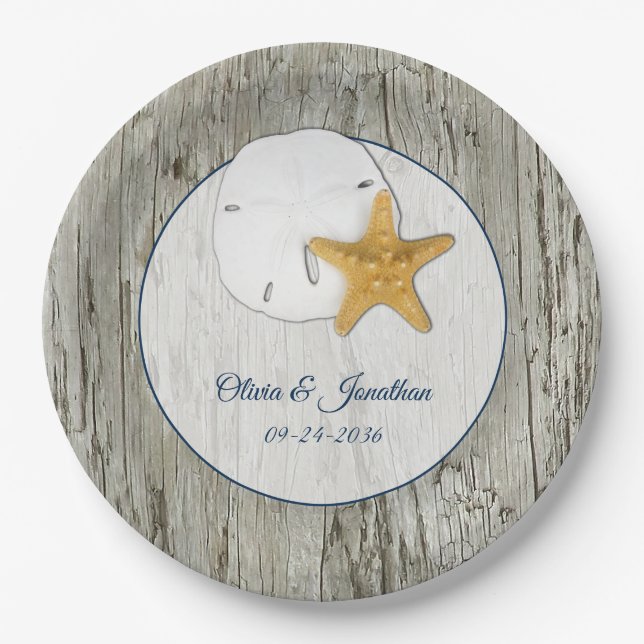 Rustic Beach Driftwood Sand Dollar Wedding Pappteller (Vorderseite)