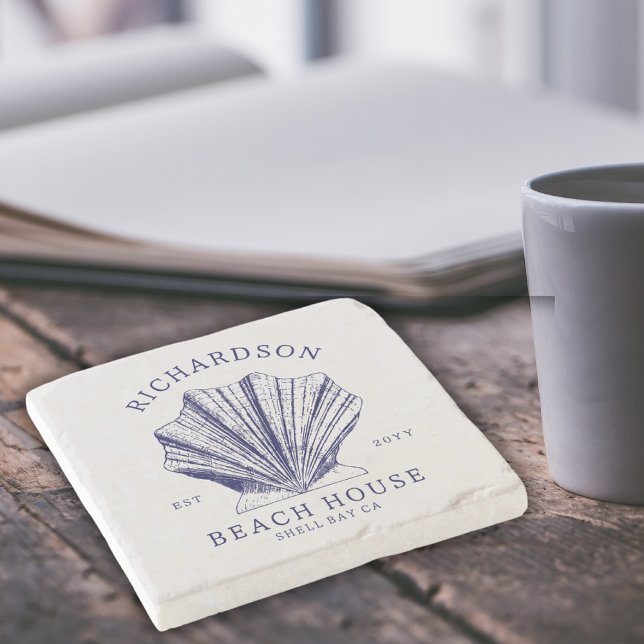 Rustic Beach House Familienname Nautic | Blau Steinuntersetzer (Von Creator hochgeladen)