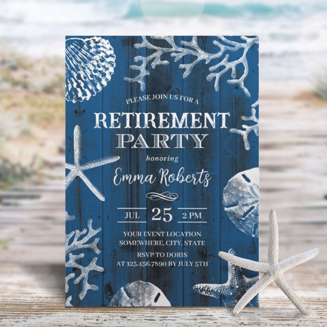 Rustic Beach Korallenriff Starfish Navy Retirement Einladung (Von Creator hochgeladen)