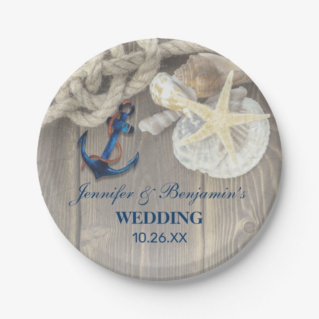 Rustic Beach Muschel Navy Anchor Nautical Wedge Pappteller (Vorderseite)