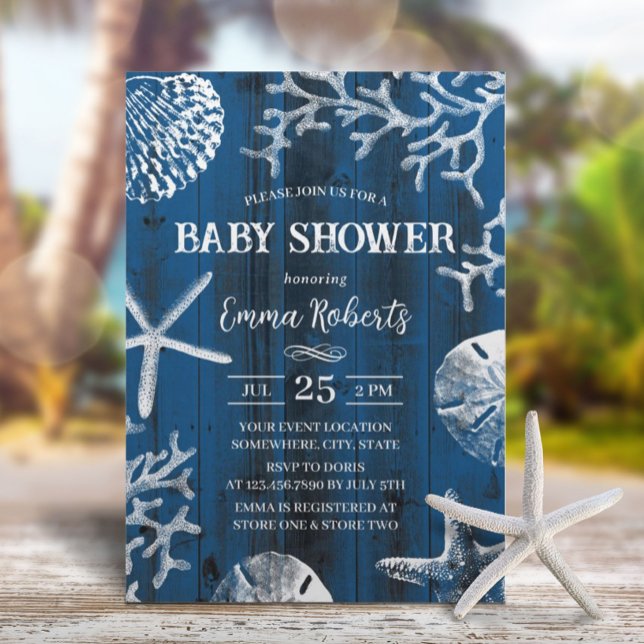 Rustic Beach Seashells Navy Blue Baby Dusche Einladung (Von Creator hochgeladen)