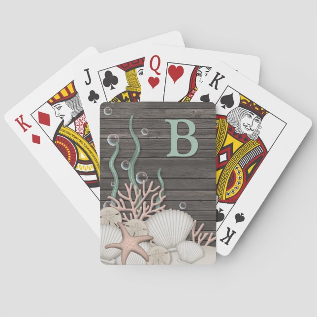 Rustic Beach Shells & Wood Monogram Playing Cards Spielkarten (Rückseite)