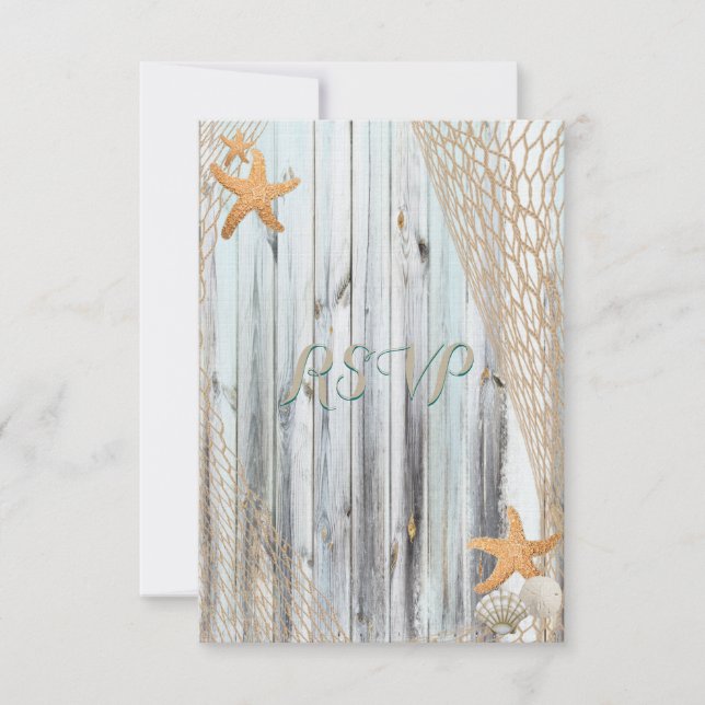 Rustic Beach Starfish Wedding RSVP Karte (Vorderseite)