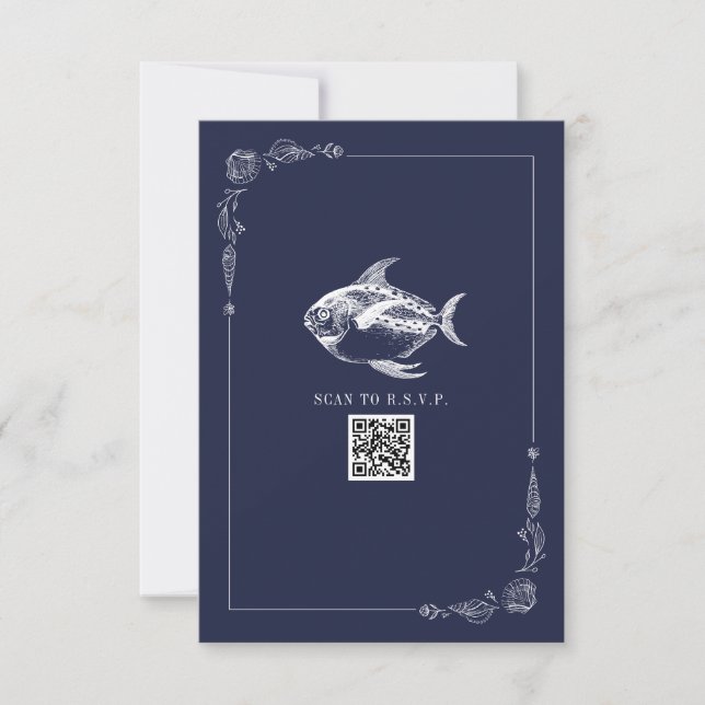Rustic Beach Wedding Poisson bleu foncé RSVP (Devant)