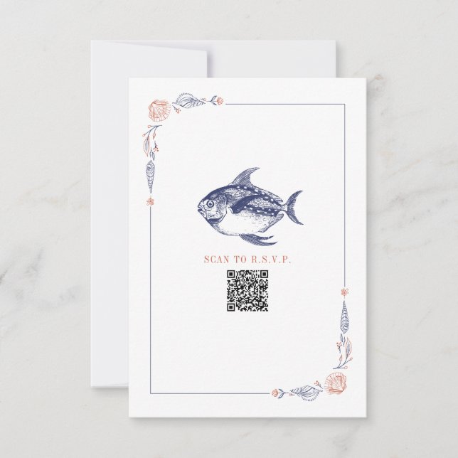 Rustic Beach Wedding Red & Blue Fish UAWG RSVP Karte (Vorderseite)